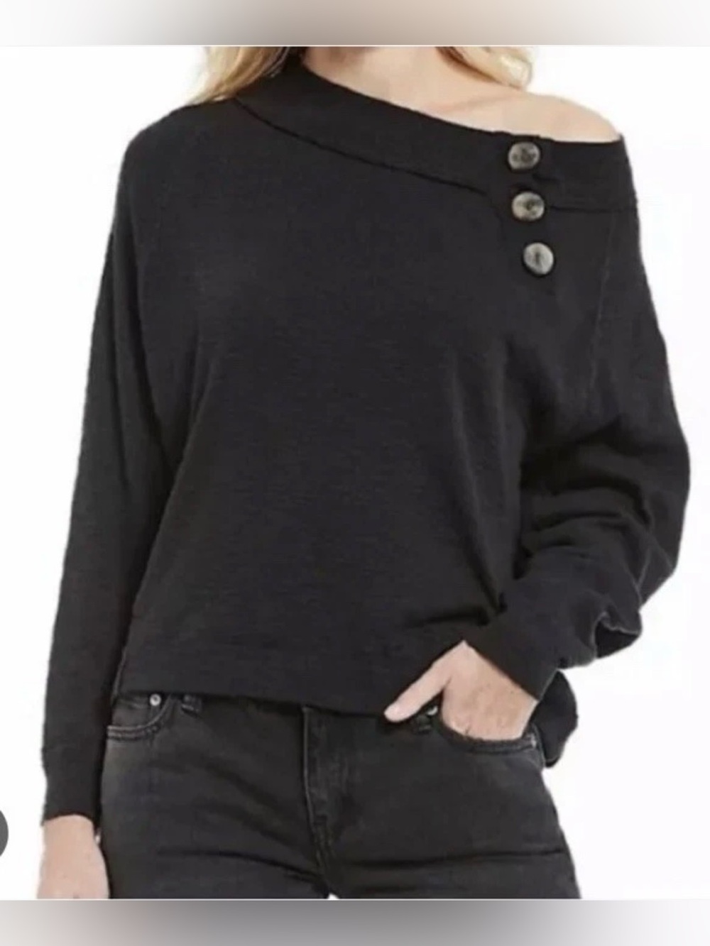 We The Free Dont Forget Me Black Waffle Weave Button-Neck oversize Sweater
